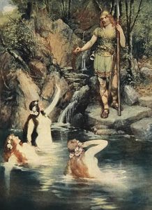 "The three maidens swam close to the shore" by the German painter Ferdinand Leeke, 1905